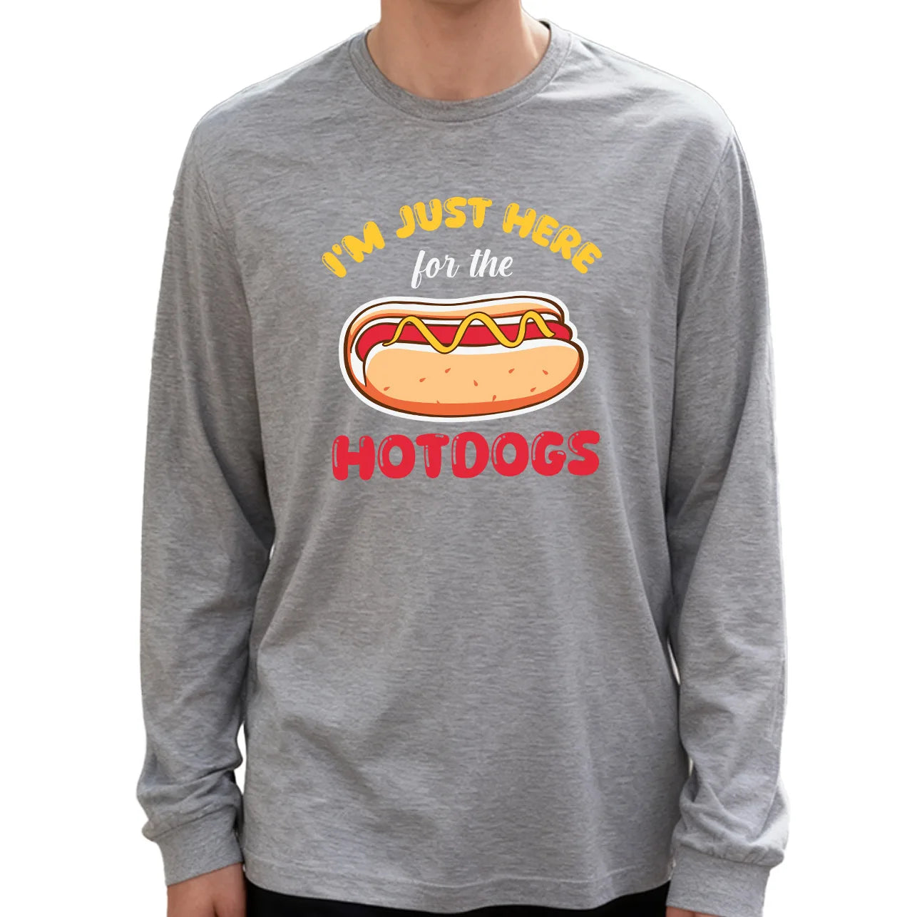 I'M Just Here for the Hotdogs Men's Long Sleeve Tee 100% Cotton 180g Crew Neck Casual Daily Style Soft and Breathable