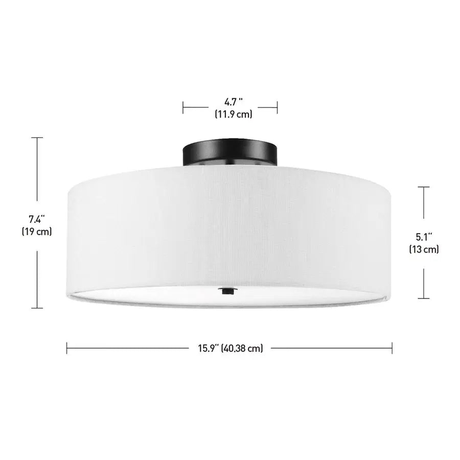 60315 2Light Flush Mount Ceiling Light, Dark Bronze Finish, White Linen Shade, Low Profile Drum Design, E26 Base, Dimmable