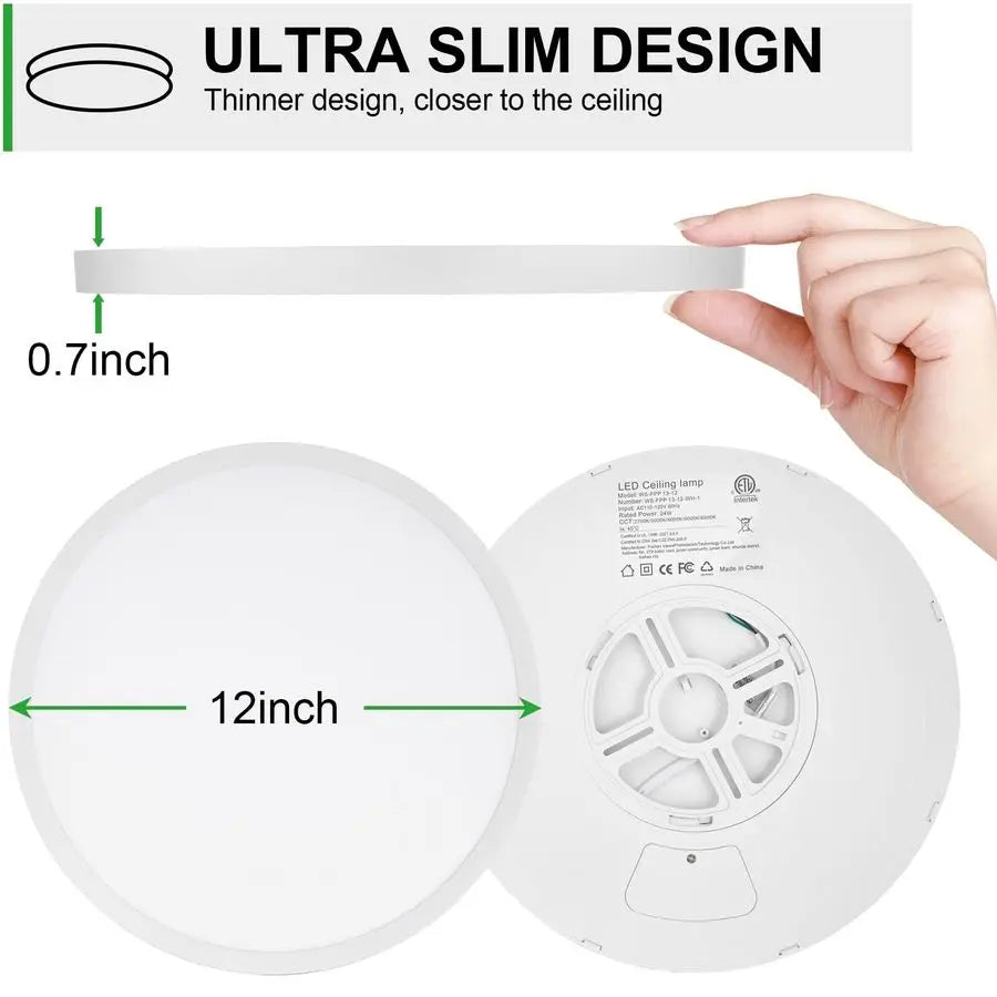 LED Flush Mount Ceiling Light 12 inch Super Slim 5000K Dimmable Kitchen Lighting Fixtures Ceiling 24W White Low Profile Ceiling