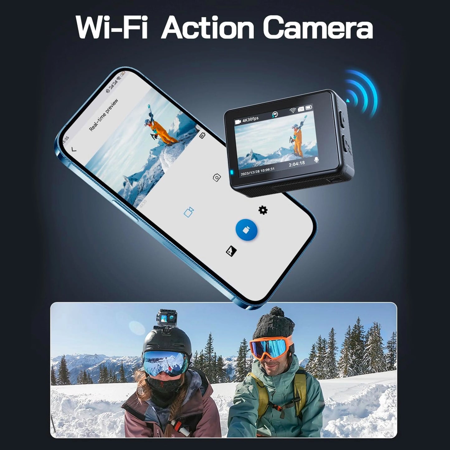 5K Action Camera Dual Screen 60FPS 4K Sports Cam Black