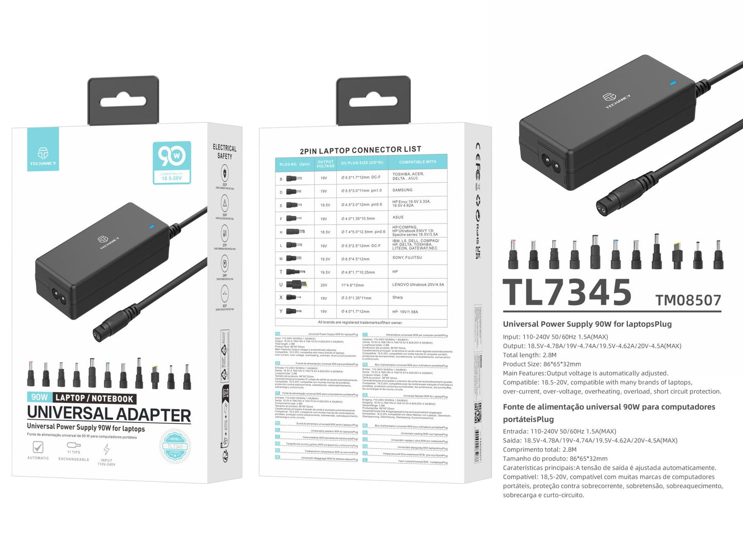 Techancy Adaptador de energia universal TL7344 para laptops, com potência de 90W, 11 conectores e proteções contra sobrecorrente e sobretensão