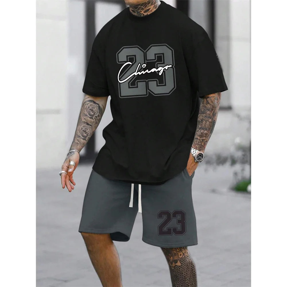Men's Best-Selling NO.23 Printed Shorts Sports Suit Plus Size Short Sleeved Summer T-shirt+Shorts Sports Streetwear Top