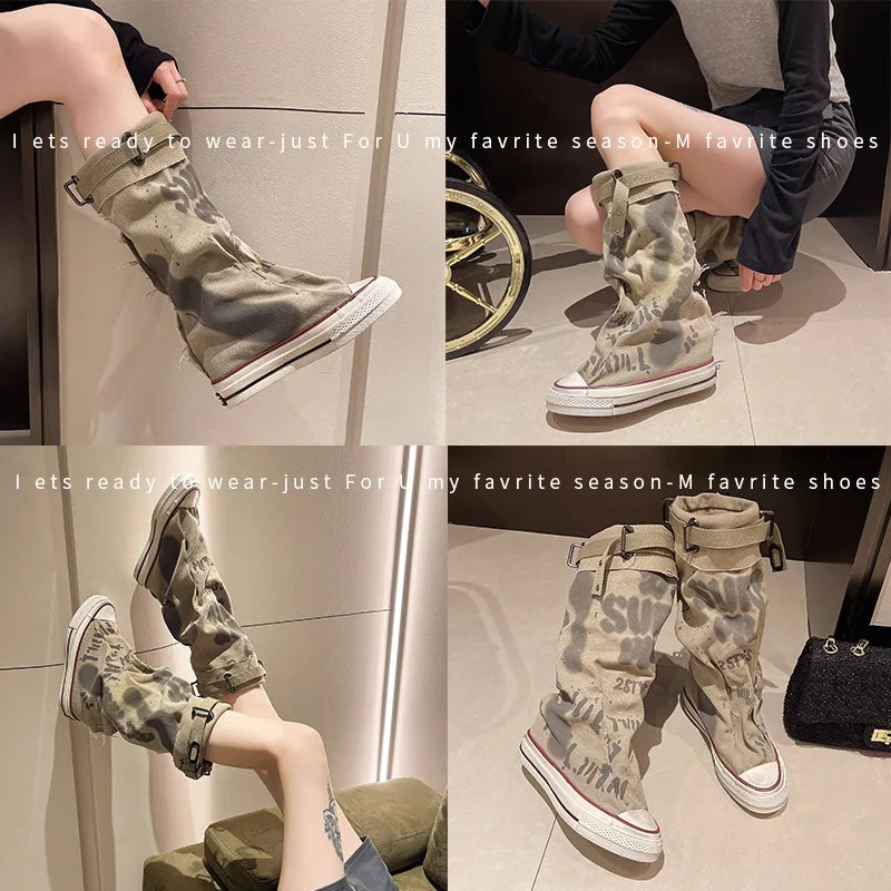 Graffiti High Top Canvas Shoes Women's High Top Boots Wide Barrel Mid Barrel Boots 2025 New Trouser Barrel Stacking Boots