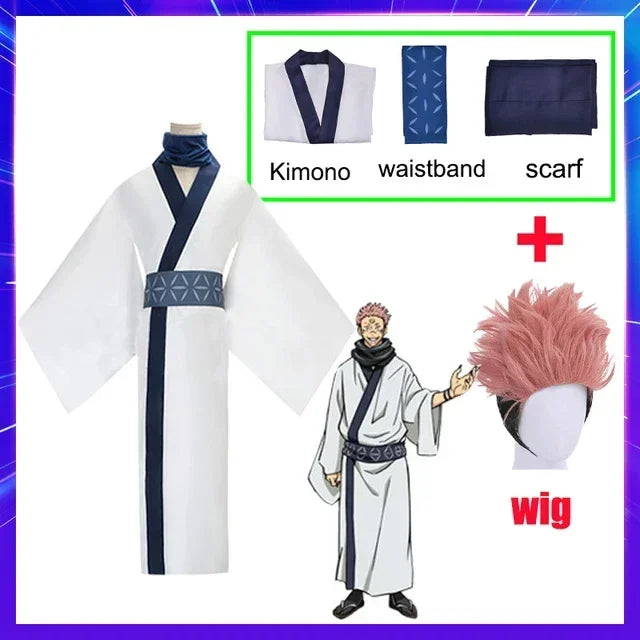 2026 Anime Jujutsu Kaisen Ryomen Sukuna Cosplay Costume Kostuum Pruik Japan White Kimono Wig Outfits Hanfu Mannen Vrouwen