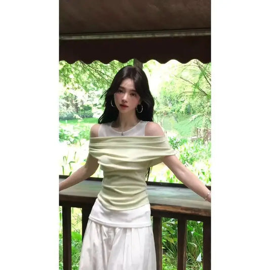 One-Line Collar Tops Best-Selling Matching Loose Wide-Leg Pants Suit Trendy Two-Piece Suit for Women Summer New Style Gentle