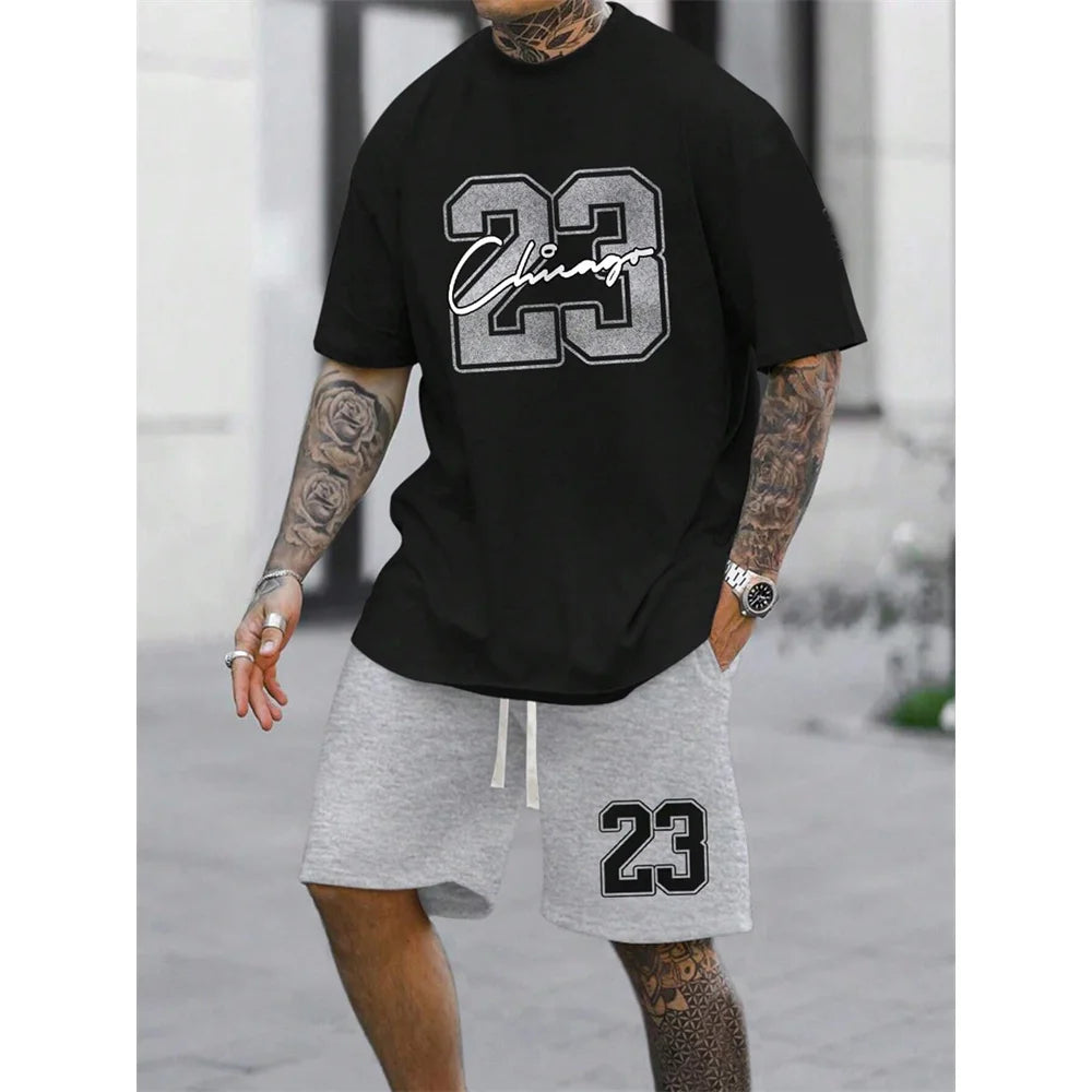 Men's Best-Selling NO.23 Printed Shorts Sports Suit Plus Size Short Sleeved Summer T-shirt+Shorts Sports Streetwear Top