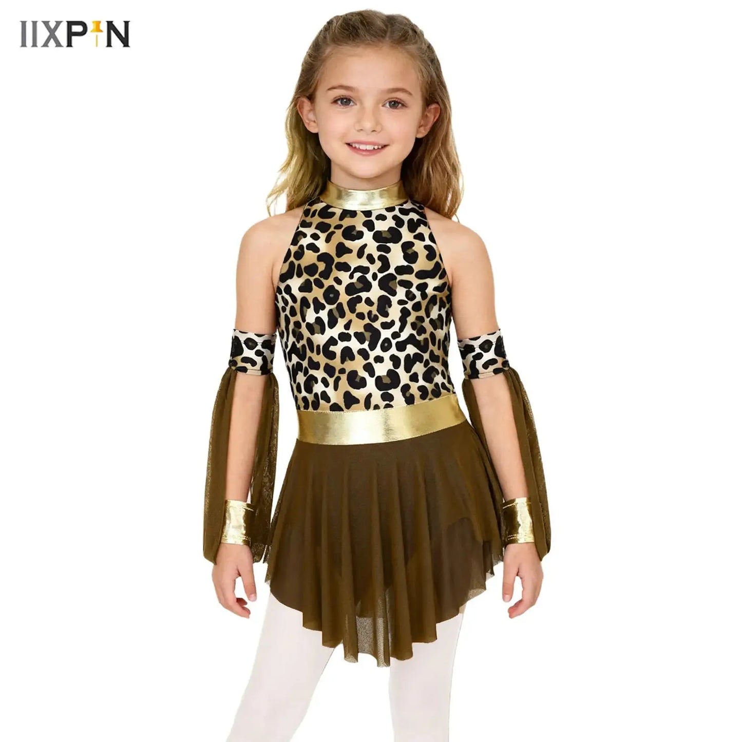 Girls Prehistoric Cave Costume Leopard Print Patchwork Metallic Sleeveless Mesh Skirted Leotard Dress and Matched Oversleeves