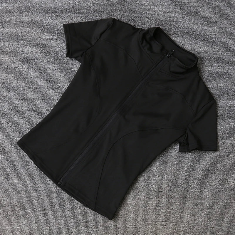 Summer High Quality Waist Slimming Training Tops Women's Quick-drying Tight Stand Collar Full Zipper Short Sleeves Yoga shirts