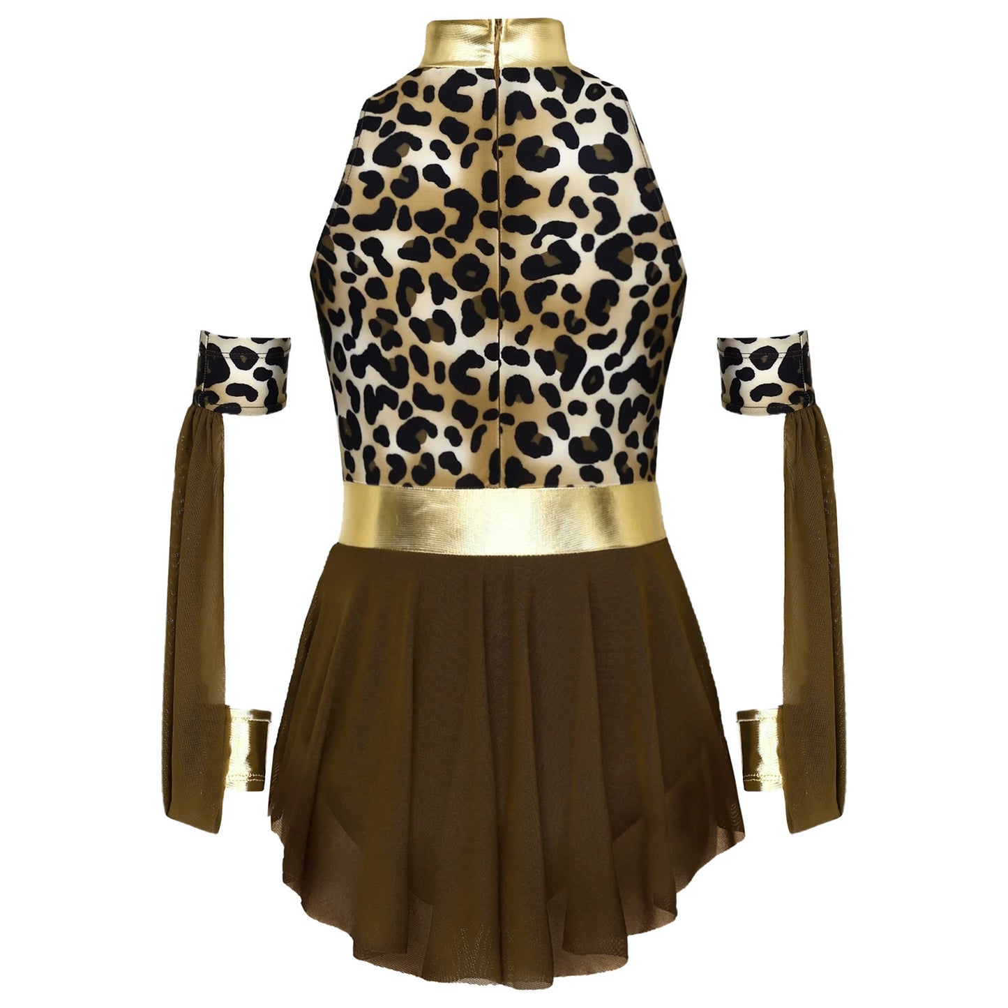 Girls Prehistoric Cave Costume Leopard Print Patchwork Metallic Sleeveless Mesh Skirted Leotard Dress and Matched Oversleeves