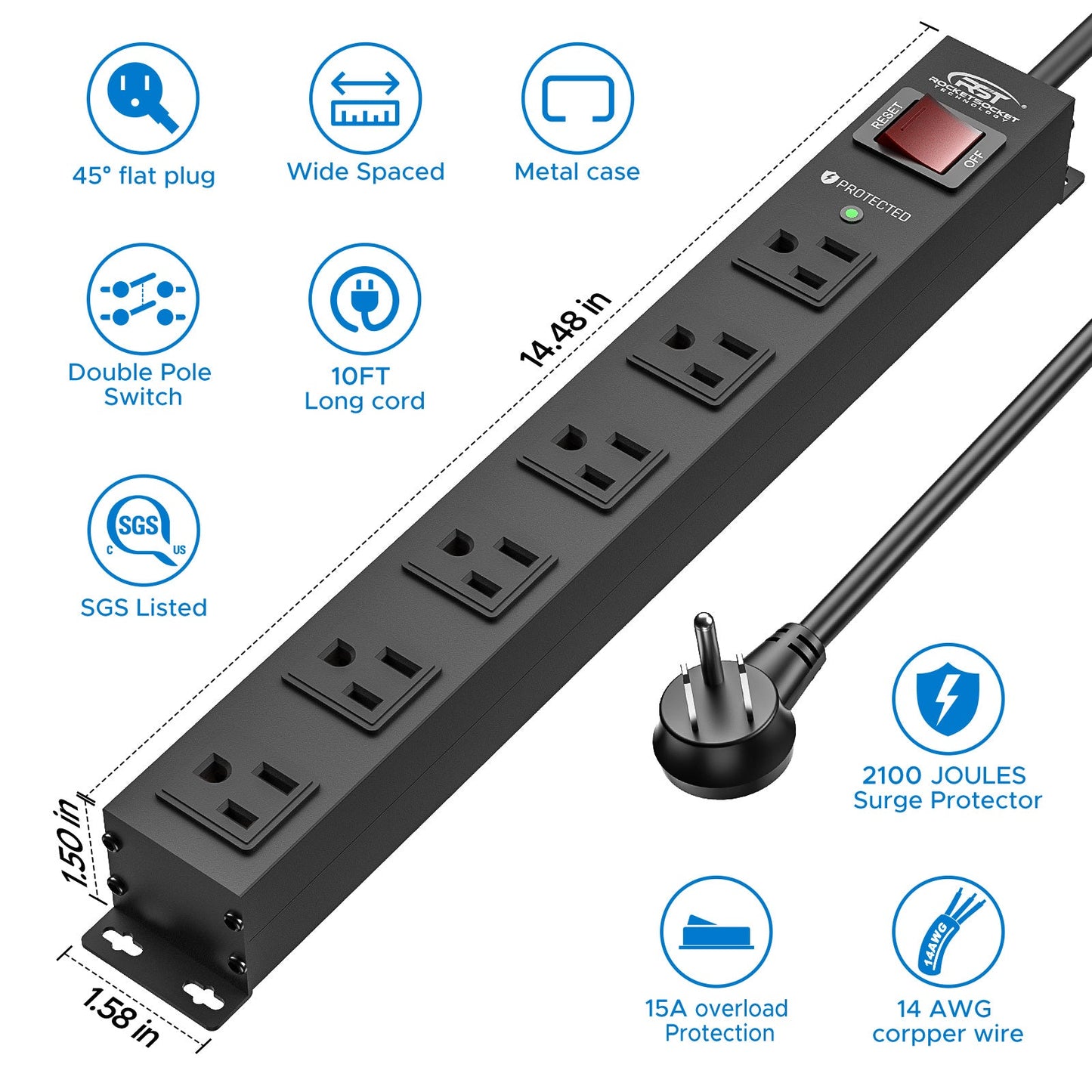 CRST 6-Outlet Slim Mountable Metal Power Strip | Dual-Pole Switch, 2100J Surge Protector, One-Piece Copper Bus Bar, Wide-Spaced Outlets, 45° Flat Plug, 10ft 14AWG Cord, ETL & SGS Certified