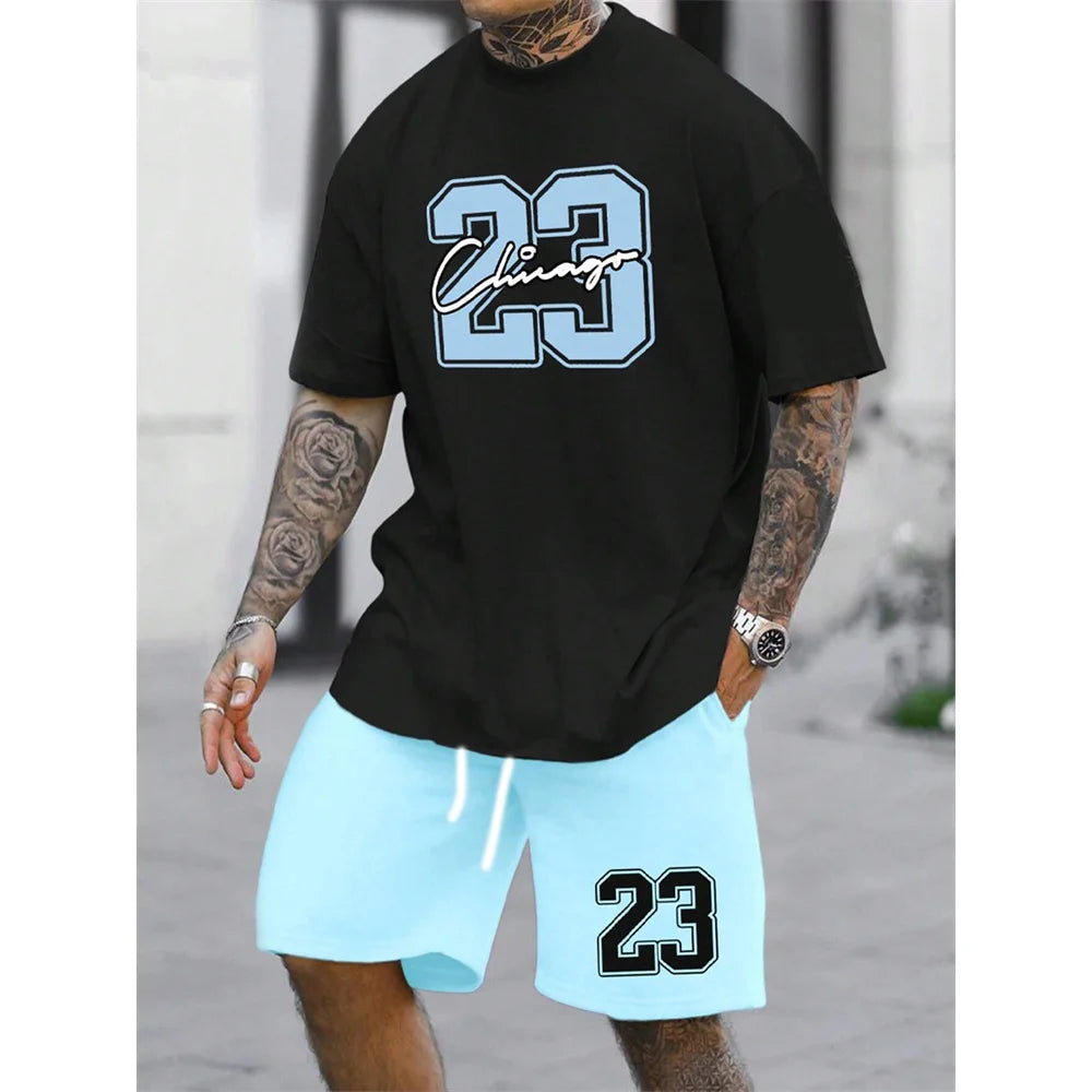 Men's Best-Selling NO.23 Printed Shorts Sports Suit Plus Size Short Sleeved Summer T-shirt+Shorts Sports Streetwear Top