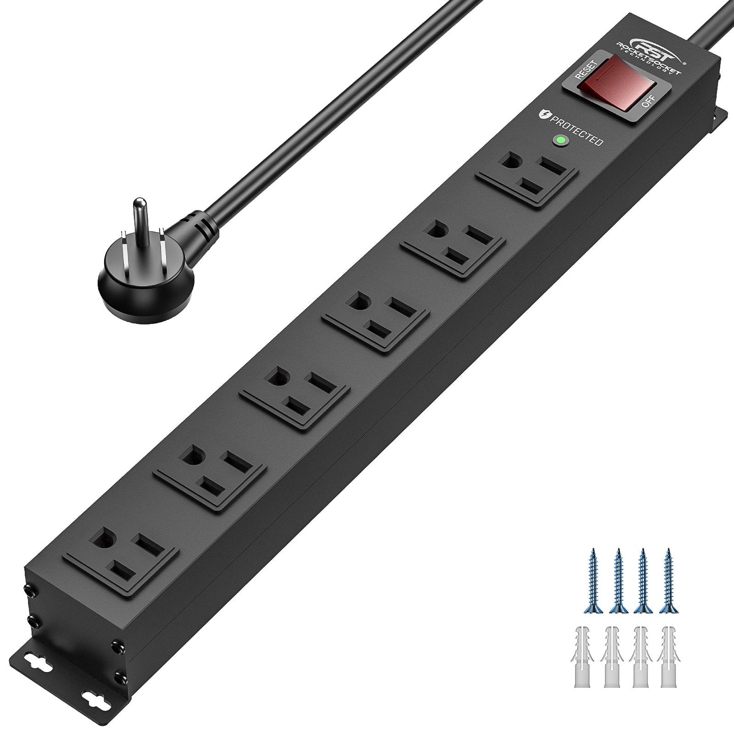 CRST 6-Outlet Slim Mountable Metal Power Strip | Dual-Pole Switch, 2100J Surge Protector, One-Piece Copper Bus Bar, Wide-Spaced Outlets, 45° Flat Plug, 10ft 14AWG Cord, ETL & SGS Certified