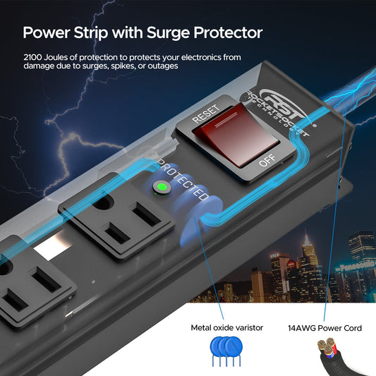 CRST 6-Outlet Slim Mountable Metal Power Strip | Dual-Pole Switch, 2100J Surge Protector, One-Piece Copper Bus Bar, Wide-Spaced Outlets, 45° Flat Plug, 10ft 14AWG Cord, ETL & SGS Certified