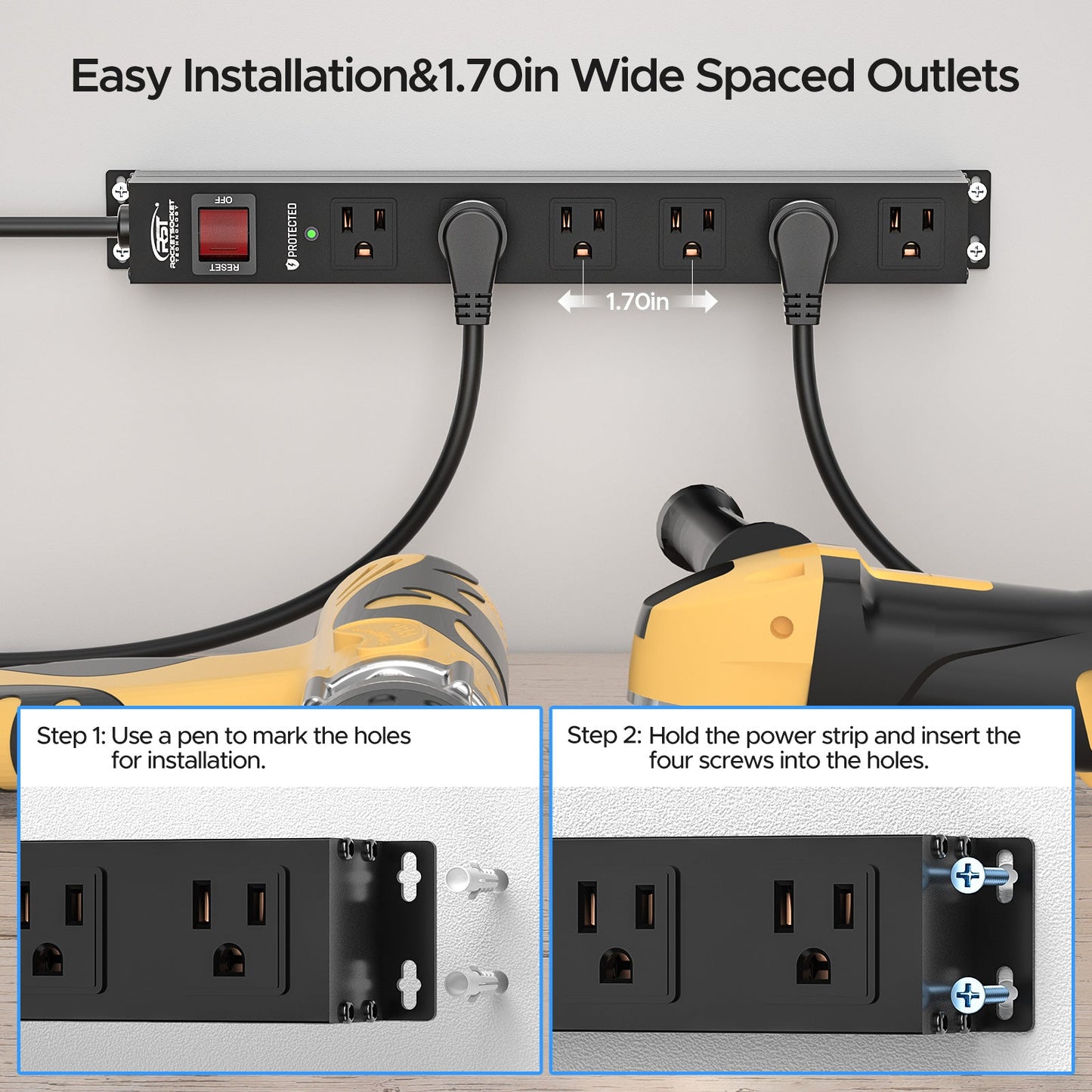 CRST 6-Outlet Slim Mountable Metal Power Strip | Dual-Pole Switch, 2100J Surge Protector, One-Piece Copper Bus Bar, Wide-Spaced Outlets, 45° Flat Plug, 10ft 14AWG Cord, ETL & SGS Certified