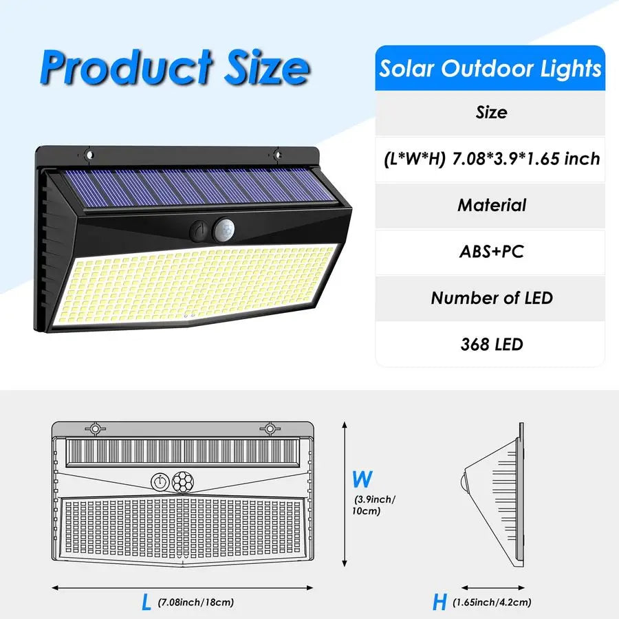Pack 368 LED Solar Motion Sensor Lights Outdoor, Solar Fence Lights with 3 Lighting Modes, Solar Powered Security Lights Waterpr