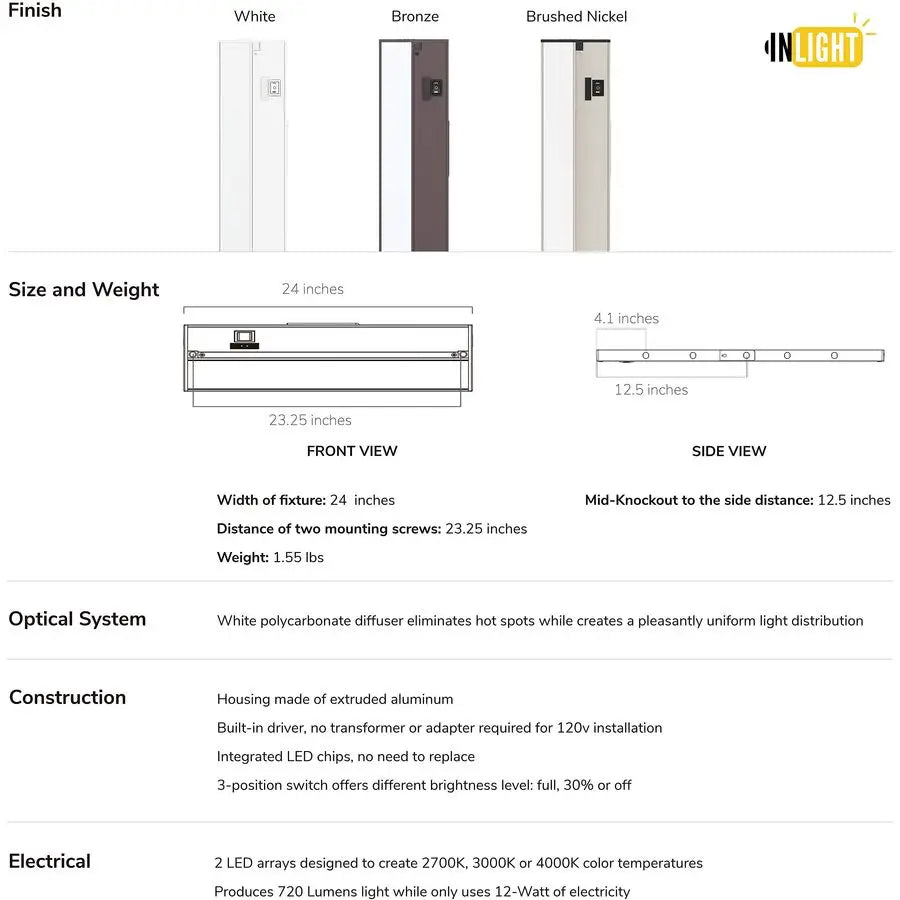 24inch 3 Color Levels LED Under Cabinet Lighting, Hardwired or Pluggedin, Selectable White 2700K 3000K 4000K, Dimmable, White Fi