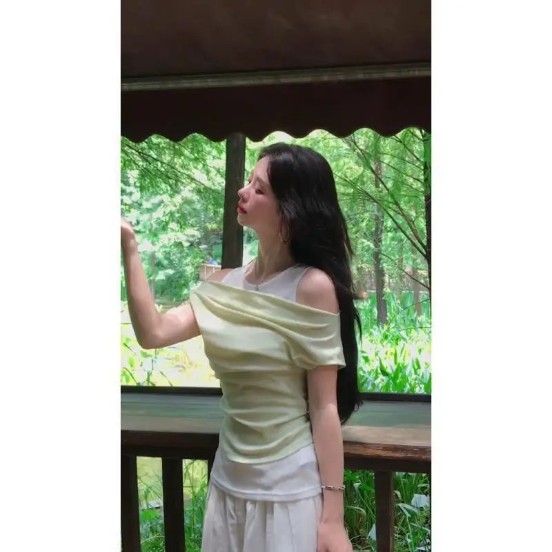 One-Line Collar Tops Best-Selling Matching Loose Wide-Leg Pants Suit Trendy Two-Piece Suit for Women Summer New Style Gentle