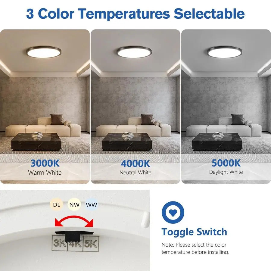 Pack 12 Inch Slim Dimmable LED Flush Mount Ceiling Light Fixtures, 24W 2640LM 3000K 4000K 5000K, House Upgrade Led Lights for Be