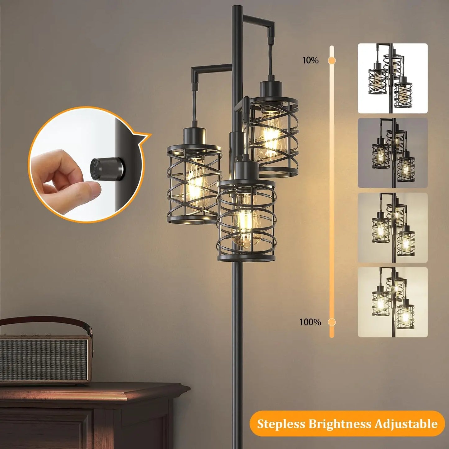70" Dimmable Floor Lamp with 3 Bulbs, Industrial Style Standing Tree Light for Living Room, Bedroom, Office