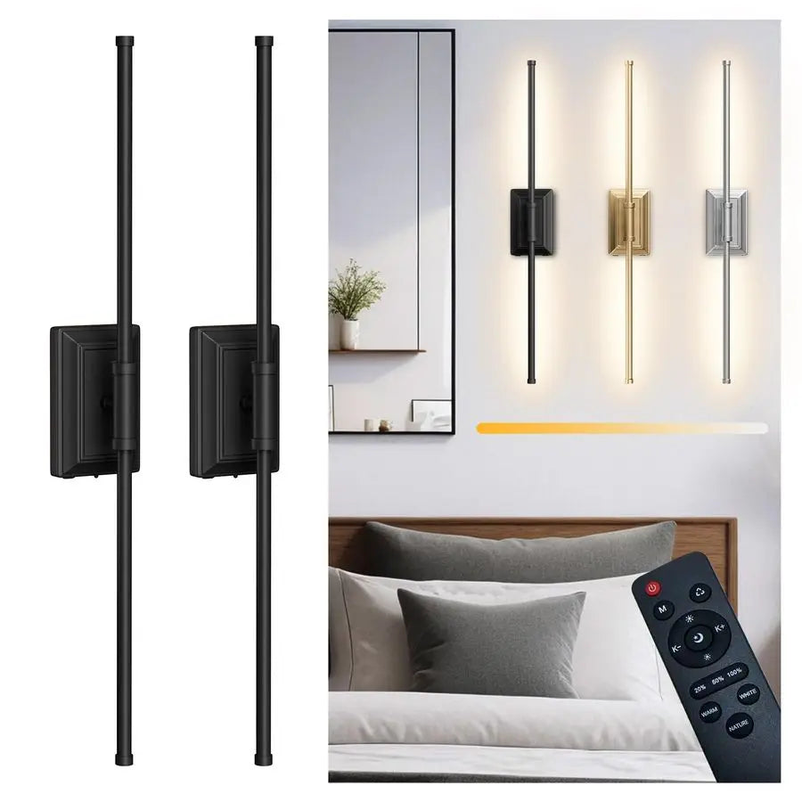 Operated Wireless Wall Sconce Modern Rechargeable Led Sconces in Black Gold Silver Bedroom Decor Stick On Lights Set of 2 Long I