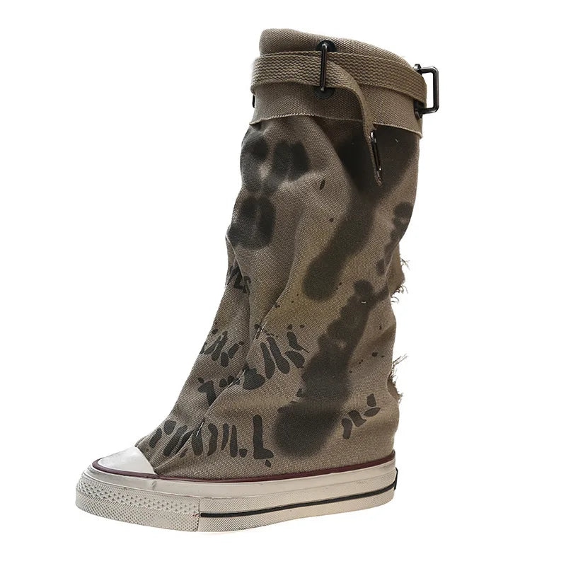 Graffiti High Top Canvas Shoes Women's High Top Boots Wide Barrel Mid Barrel Boots 2025 New Trouser Barrel Stacking Boots