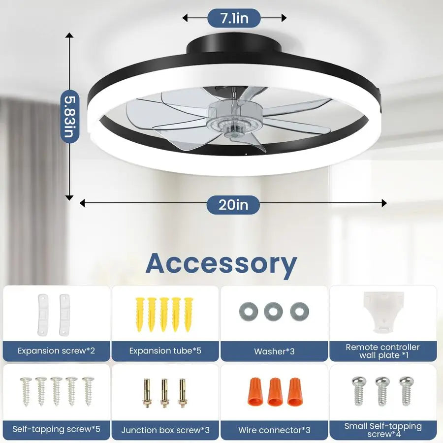 Ceiling Fan with Light, 20 Modern Low Profile Foldable Ceiling Fans with 6 Wind Speeds, Dimmable Smart Ceiling Fan Light with Re