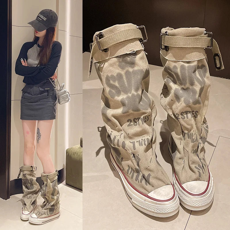 Graffiti High Top Canvas Shoes Women's High Top Boots Wide Barrel Mid Barrel Boots 2025 New Trouser Barrel Stacking Boots
