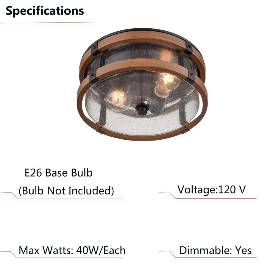 Ceiling Light Fixture 2Light Hallway Ceiling Light in Black amp Rustic Wood Grain Finish with Clear Seeded Glass Shade