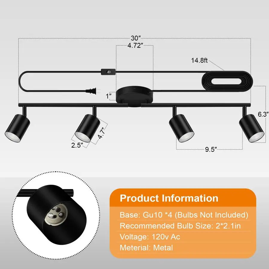 in Track Lighting, LED Track Lighting Fixtures Ceiling, Black 4Light Kitchen Light Kit, Plug in Wall Light with 14.8ft Power Cor
