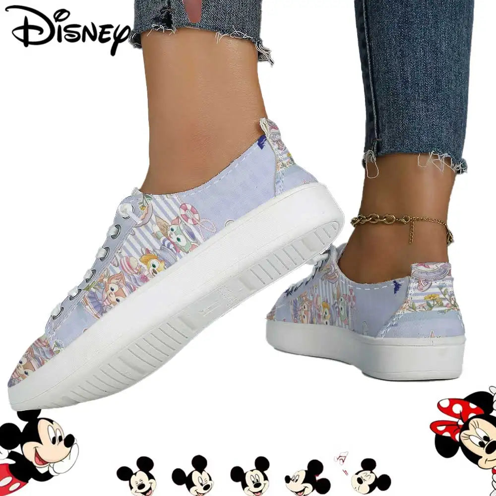 Officially Licensed Disney Duffy & Friends Low Top Canvas Sneakers – Pastel Striped Print, Breathable Soft Upper Casual Shoes