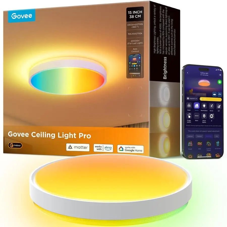 Smart Ceiling Light 4300LM, RGBIC LED Ceiling Light Fixture Works with Matter, Flush Mount Light Fixture, DIY Colors, 2700K6500