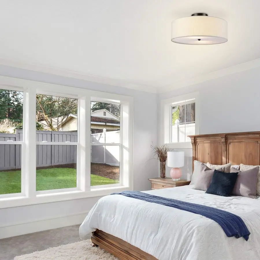 60315 2Light Flush Mount Ceiling Light, Dark Bronze Finish, White Linen Shade, Low Profile Drum Design, E26 Base, Dimmable