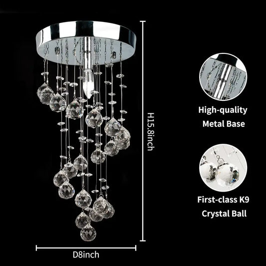Elegant Spiral Lush Mount Raindrop Crystal Ball Pendant Ceiling Lamp Lighting Fixtures for Bedroom Hallway Living Room D8 x H15.