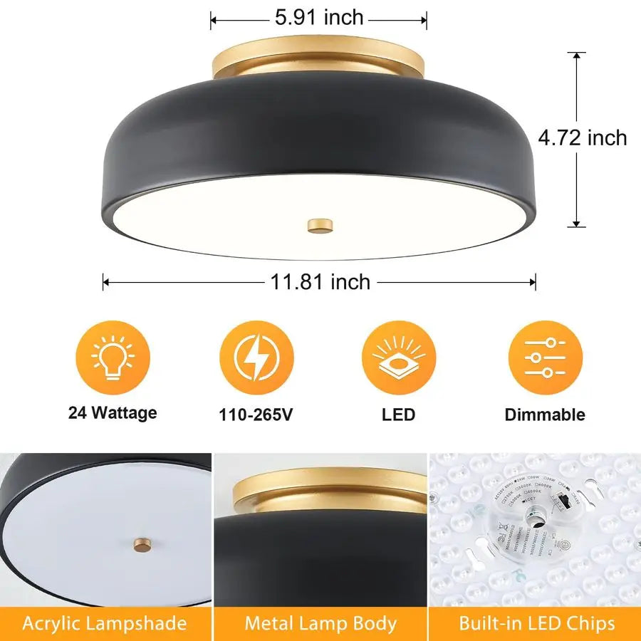 LED Ceiling Light Fixture, 2700K6000K 5CCT Modern MidCentury Semi Flush Mount Ceiling Light, Black Close to Ceiling Lamp for Kit