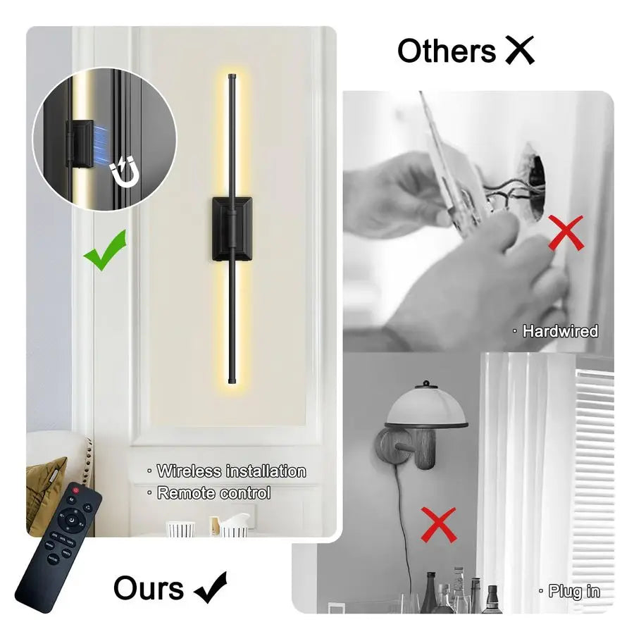 Operated Wireless Wall Sconce Modern Rechargeable Led Sconces in Black Gold Silver Bedroom Decor Stick On Lights Set of 2 Long I