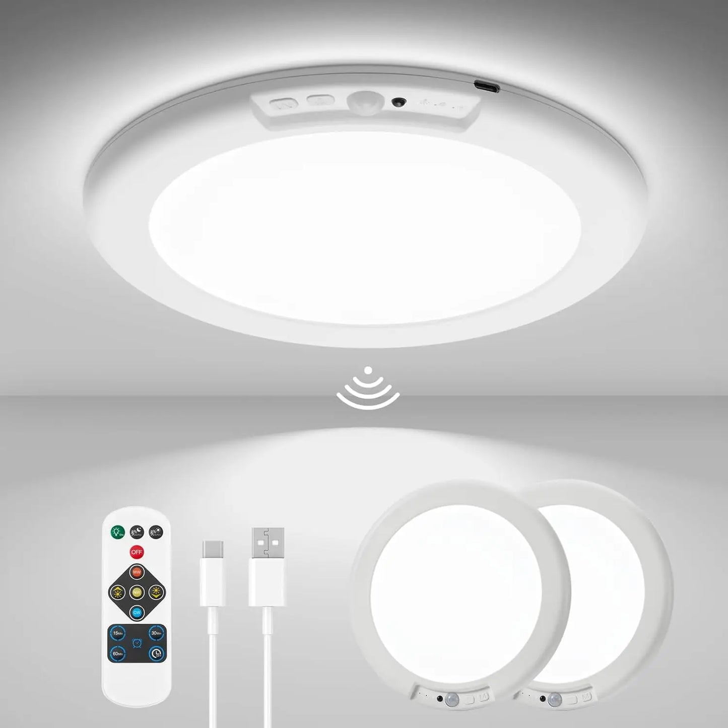 Rechargeable Motion Sensor Ceiling Lights with Remote, Dimmable Timing for Closet Shower, 3000K-6500K
