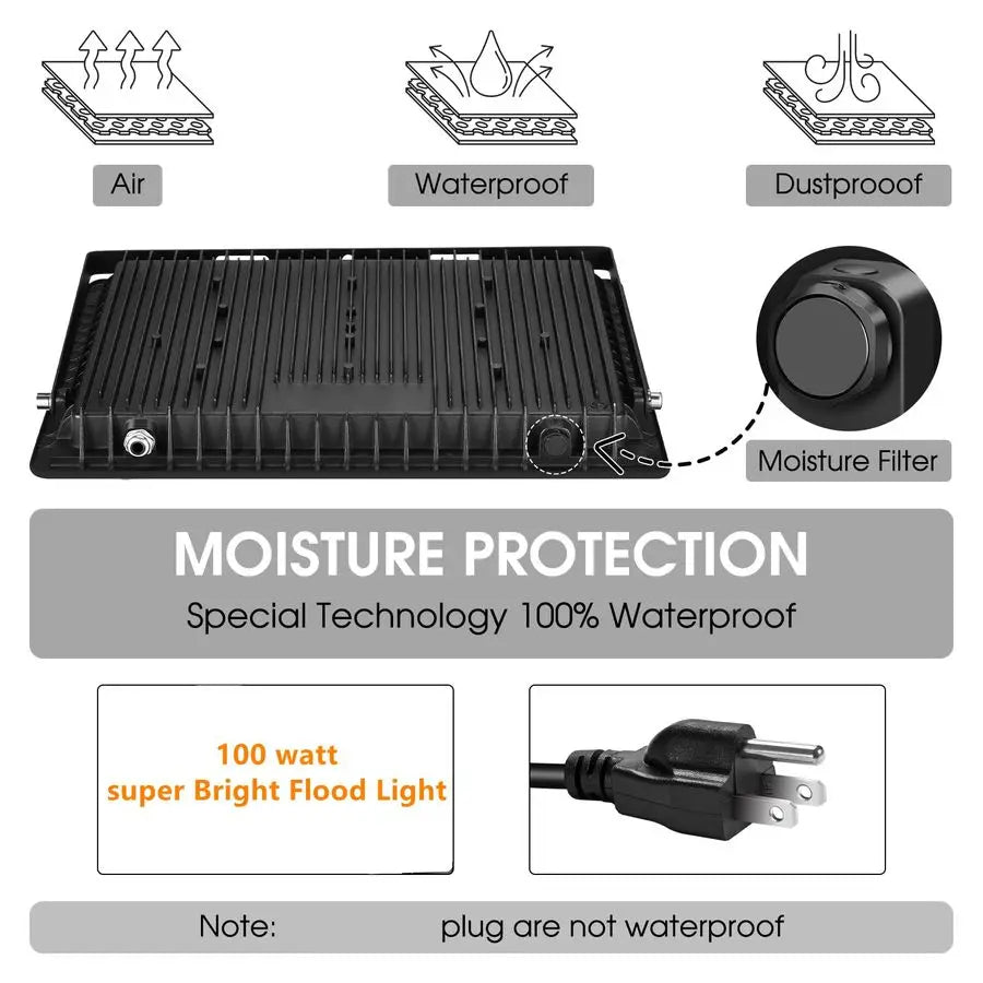 Pack 100W Led Flood Lights Outdoor,Super Bright 11600LM Security Lights with Plug,Exterior IP66 Waterproof 5000K Daylight White
