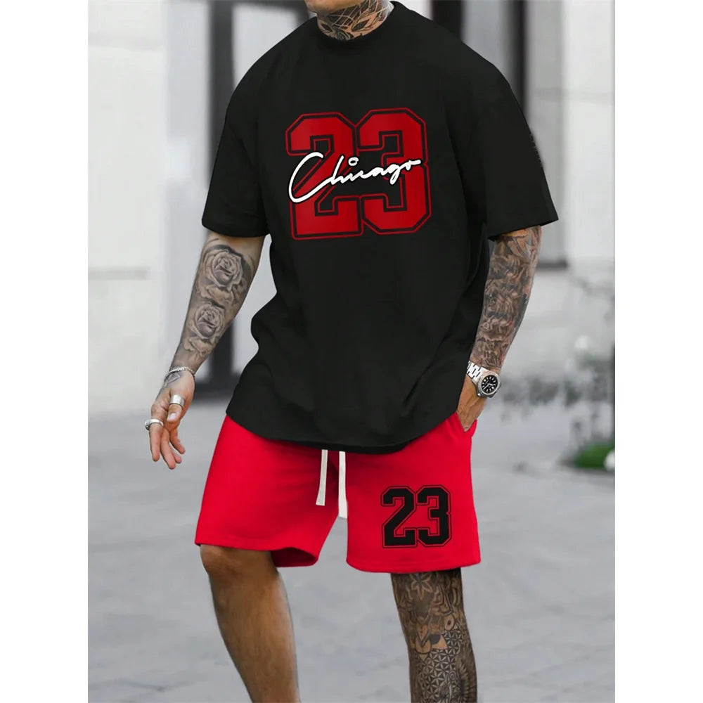 Men's Best-Selling NO.23 Printed Shorts Sports Suit Plus Size Short Sleeved Summer T-shirt+Shorts Sports Streetwear Top