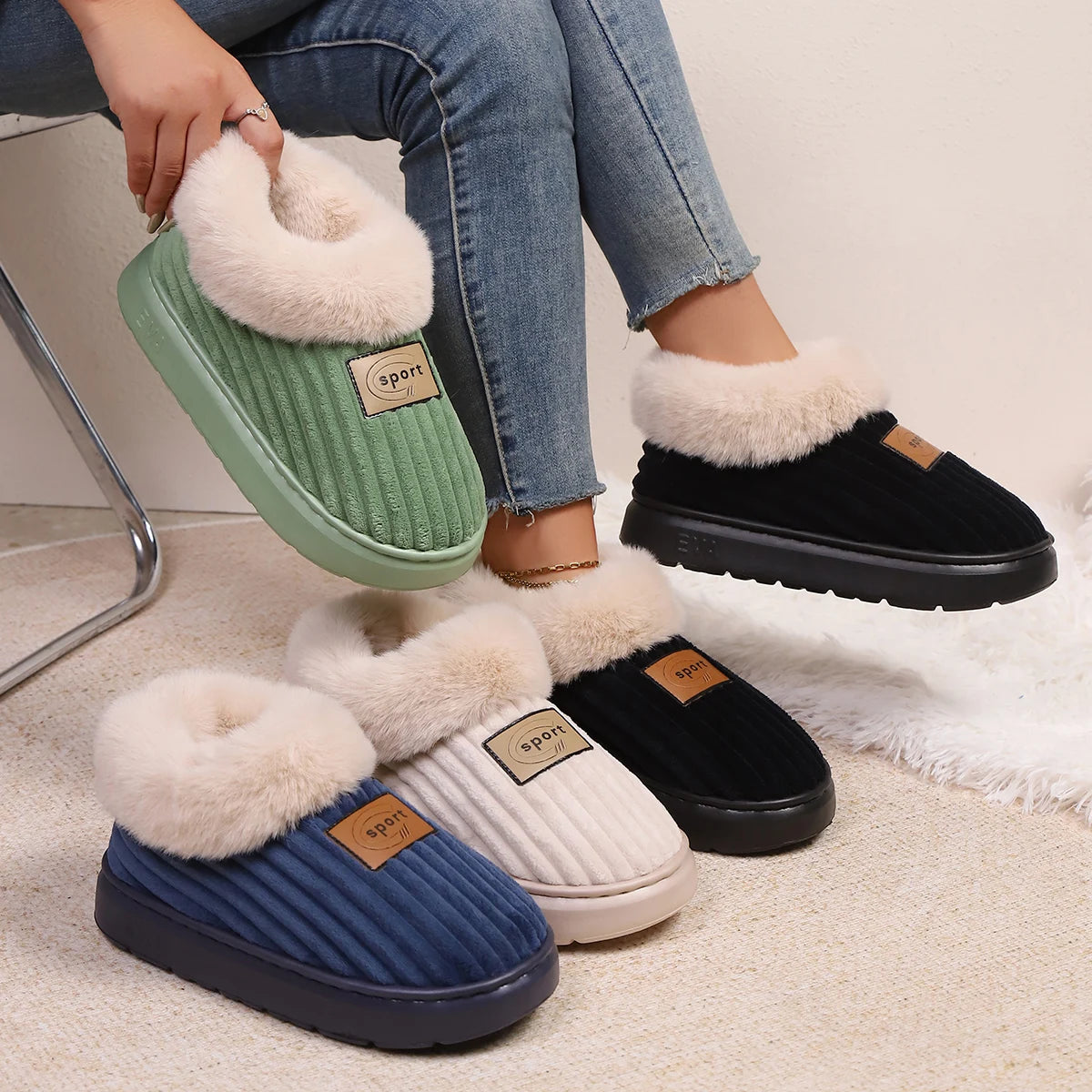 Autumn and Winter Fluffy Home Slippers, Warm Soft-Soled Ankle Shoes, Plush Indoor Comfortable High-Top Shoes, Bedroom Silent Floor Shoes