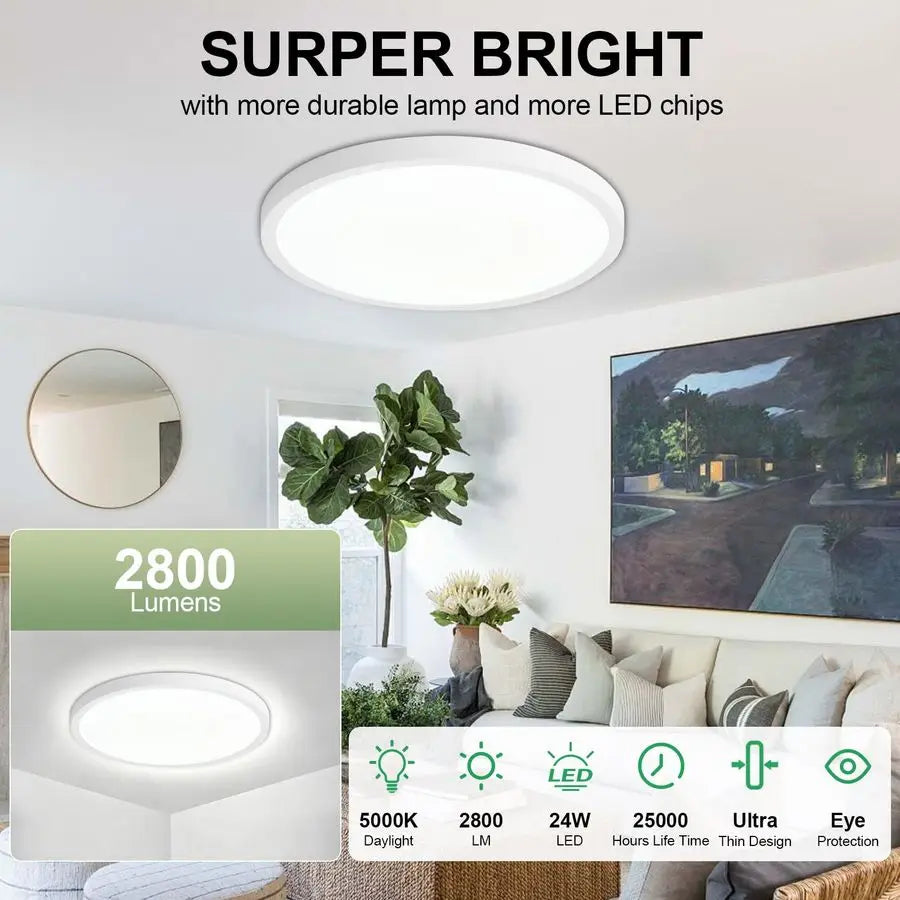 LED Flush Mount Ceiling Light 12 inch Super Slim 5000K Dimmable Kitchen Lighting Fixtures Ceiling 24W White Low Profile Ceiling
