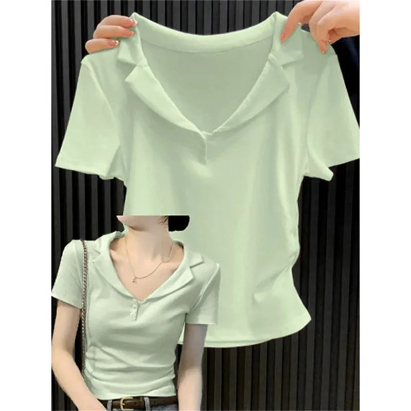 2026 New Lapel Shirt Short Sleeve T-Shirt Women's Hot Selling Summer V-Neck Bottoming Shirt Versatile Short Tops Fashion Ins