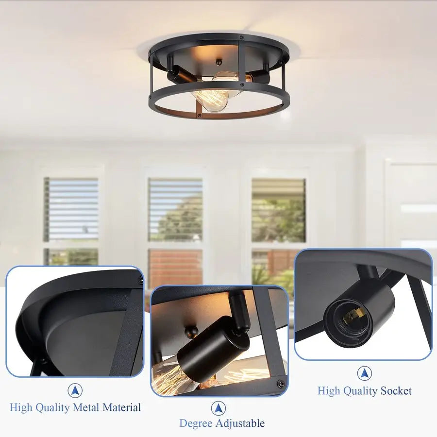 Pack Flush Mount Ceiling Light,13 Inch Industrial Farmhouse Ceiling Light Fixture,2Light Matte Black Flush Mount Light Fixture f