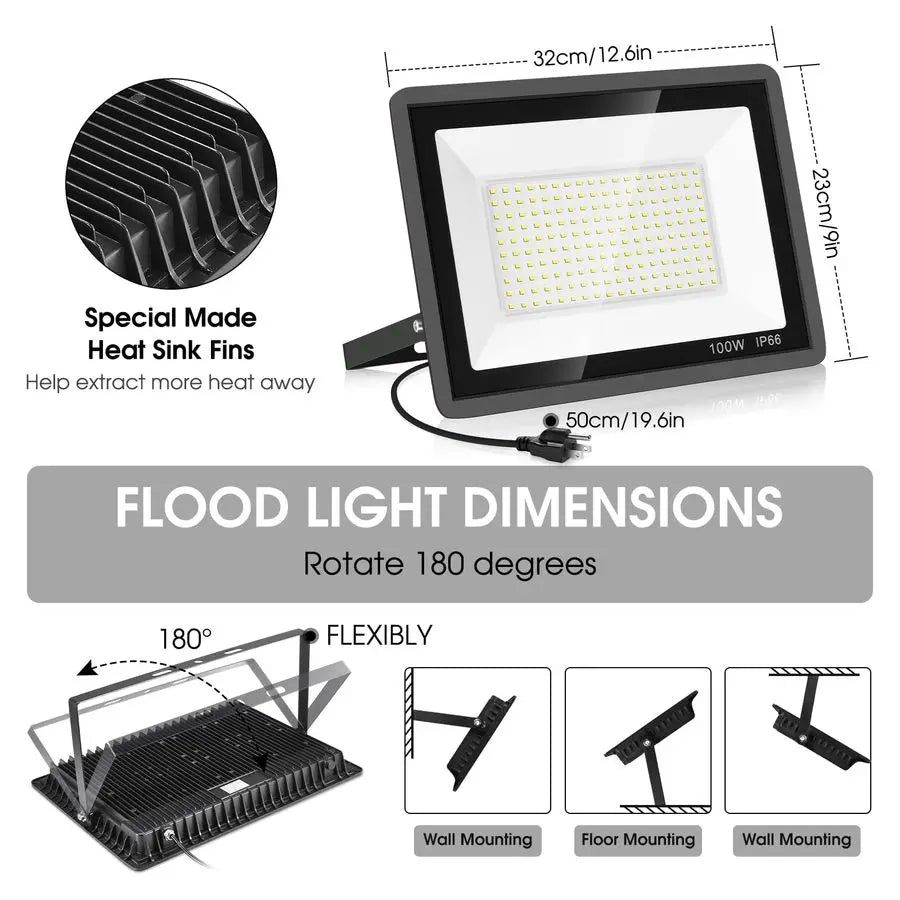 Pack 100W Led Flood Lights Outdoor,Super Bright 11600LM Security Lights with Plug,Exterior IP66 Waterproof 5000K Daylight White