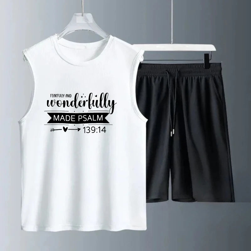 Men's vest suit Summer sleeveless printed Wonderfully Made tank  Tops + shorts  tracksuit set training suit set men	2 piece set