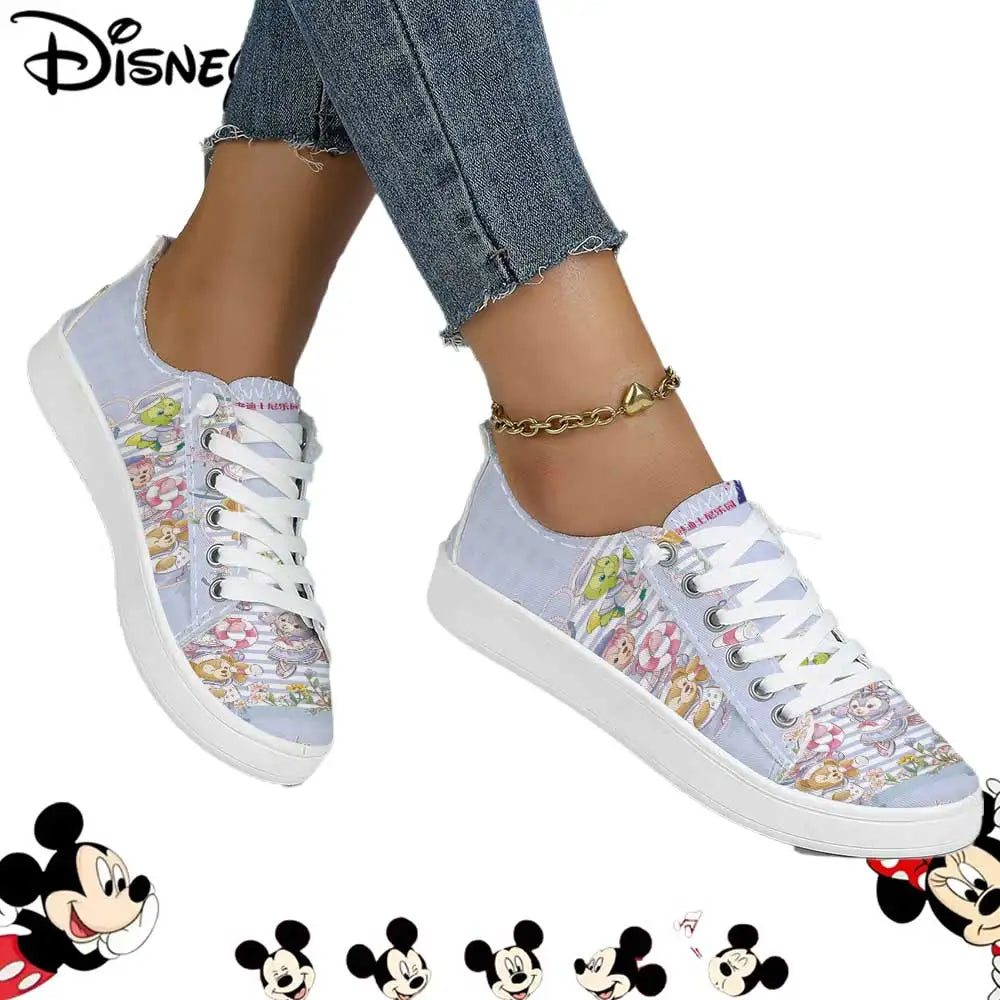 Officially Licensed Disney Duffy & Friends Low Top Canvas Sneakers – Pastel Striped Print, Breathable Soft Upper Casual Shoes