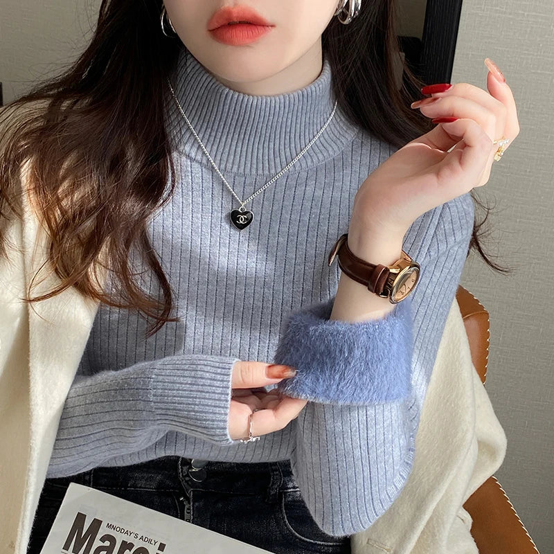 Women's Turtleneck Sweater Winter 2025 Retro with Velvet Lining Thickened Inner Wear Thermal Knitting Bottoming Shirt Pullovers