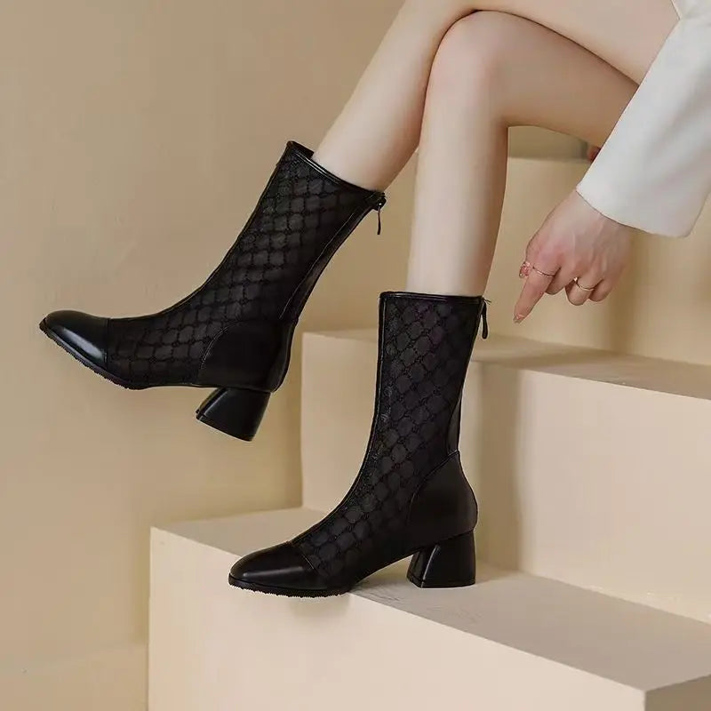 Women's Block Heel Mesh High Top Cool Boots Round Toe Hollow Out Breathable Spring Autumn New Big Size Sexy Lace Zippers Sandal