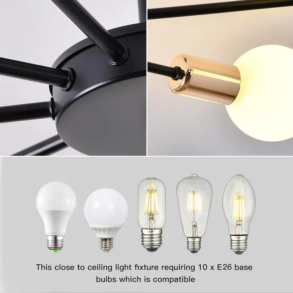 10-Light Semi Flush Mount Ceiling Light, Black and Gold Sputnik, Suitable for Bedroom, Kitchen, Living Room, Entryway, Laundry R