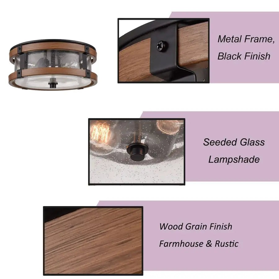 Ceiling Light Fixture 2Light Hallway Ceiling Light in Black amp Rustic Wood Grain Finish with Clear Seeded Glass Shade