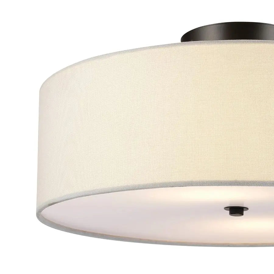 60315 2Light Flush Mount Ceiling Light, Dark Bronze Finish, White Linen Shade, Low Profile Drum Design, E26 Base, Dimmable